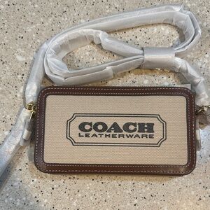 Coach Beige Canvas Wallet Crossbody with Brown Trim